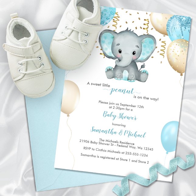 Convite Elefante Cinto Turquiose Dourado Chá de fraldas de (Cute Elephant Turquiose Gold Balloons Baby Shower Invitation)
