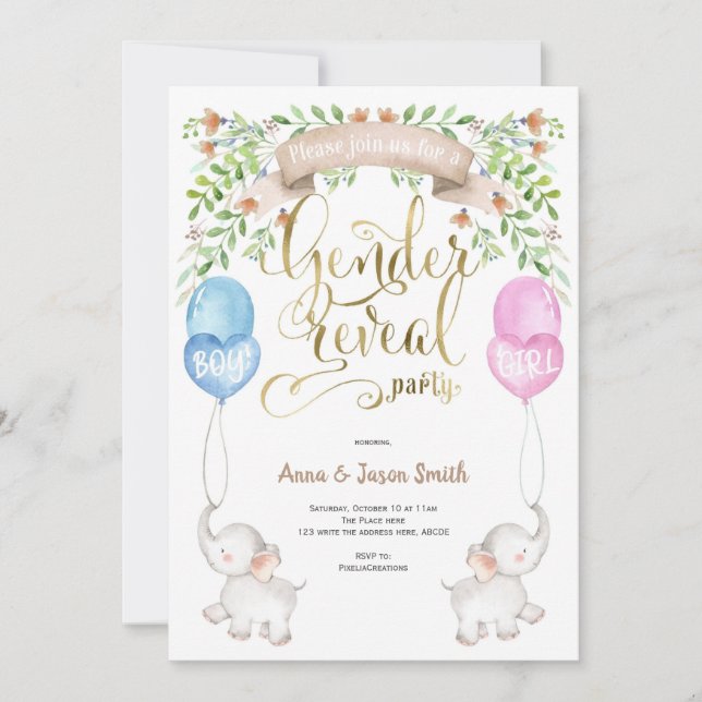 Convite Elefante com balões, Partido da Revenda de Gênero (Frente)