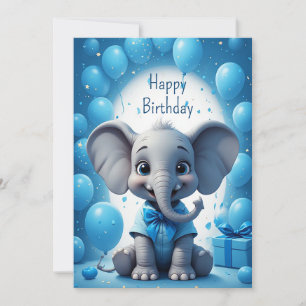 Convite Elefante com Laço Azul - Desejos de Aniversário 🐘