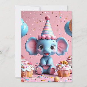 Convite Elefante de aniversário com bolo e balões