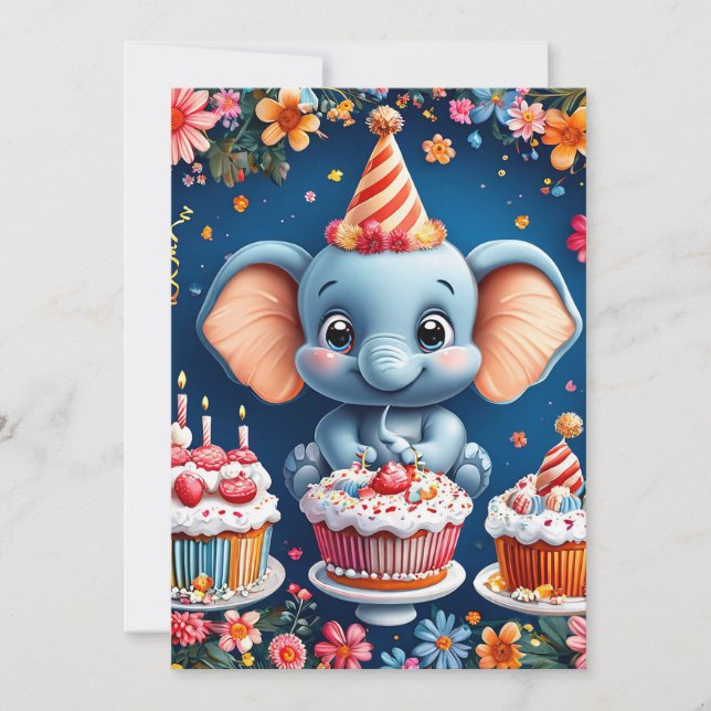 Convite Elefante de aniversário com bolo e balões (Frente)