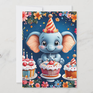 Convite Elefante de aniversário com bolo e balões