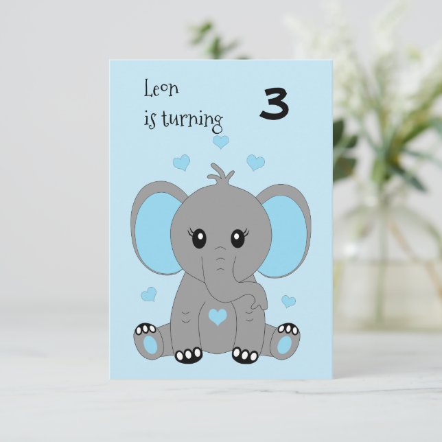 Convite Elefante de bebê bonito em azul, aniversário de me (Em pé/Frente)