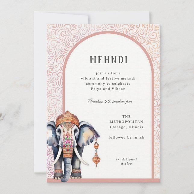 Convite Elefante De Casamento Indiano De Aquarelas Mehndi (Frente)