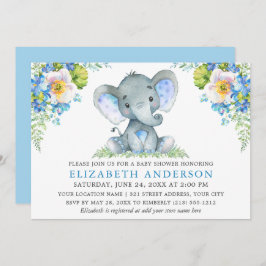 Convite Elefante de Chá de fraldas Floral Azul de Aquarela