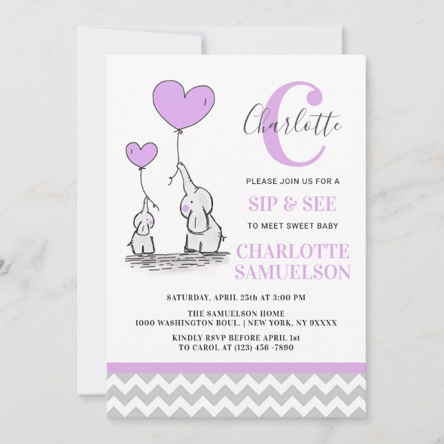 Convite Elefante de Cinza Roxo Moderno SIP & SEE Menina (Frente)