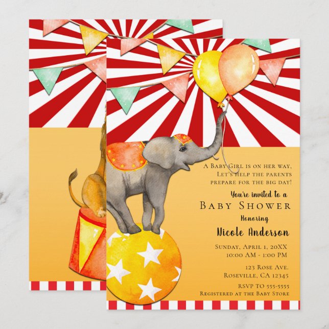Convite Elefante de Circo em Bola Festa de Chás de Bebê (Frente/Verso)