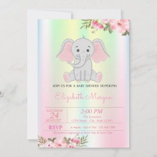 Convite Elefante De Menina, Chá de fraldas Floral Iridesc