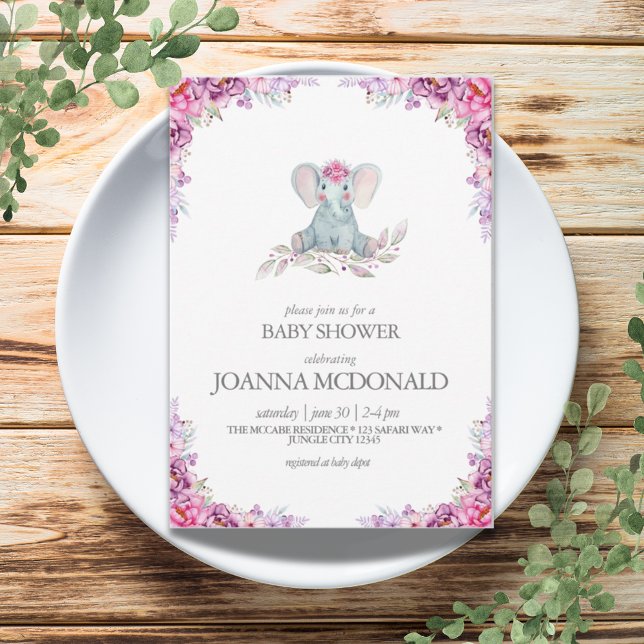 Convite Elefante de Plush | Safari Floral Baby Chá (Plush Elephant | Safari Floral Baby Girl Shower Invitation)