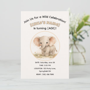 Convite Elefante de Safari em Aquarela Fofa Aniversário de