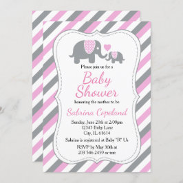 Convite Elefante de Stripes Rosa e Cinza | CHÁ DE FRALDAS
