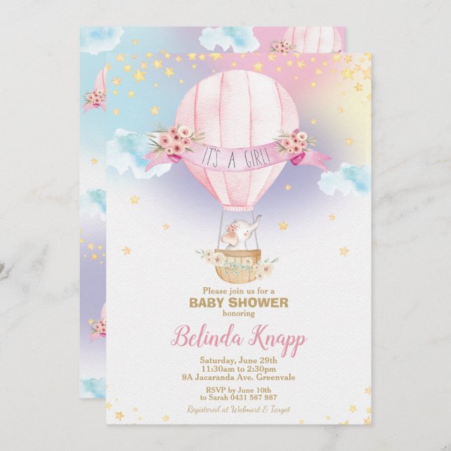 Convite Elefante do chá do bebé do balão de ar quente do (Frente/Verso)