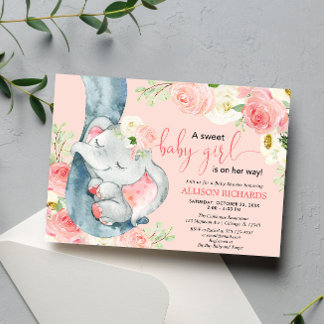 Convite Elefante, doce menina, blush, creme cor-de-rosa