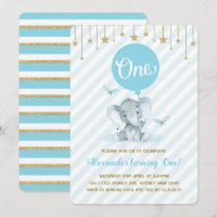 Elefante Dourado Azul 1rua Primeiro Aniversário Tw