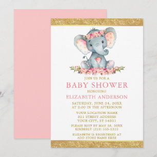 Convite Elefante Dourado brilhante cor-de-rosa