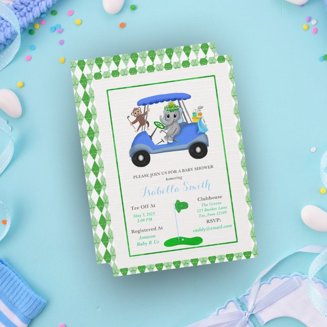 Convite Elefante e Chá de macaco (Swing a hole in one with this adorable golf themed baby shower invitation!)