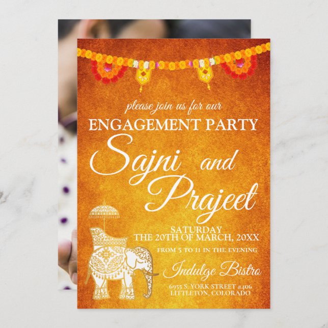 Convite Elefante e Flores Festa de noivado Indiana (Frente/Verso)