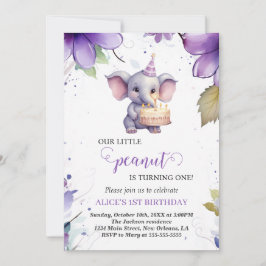 Convite Elefante, Flor De Aquarela Púrpura, Primeiro Anive