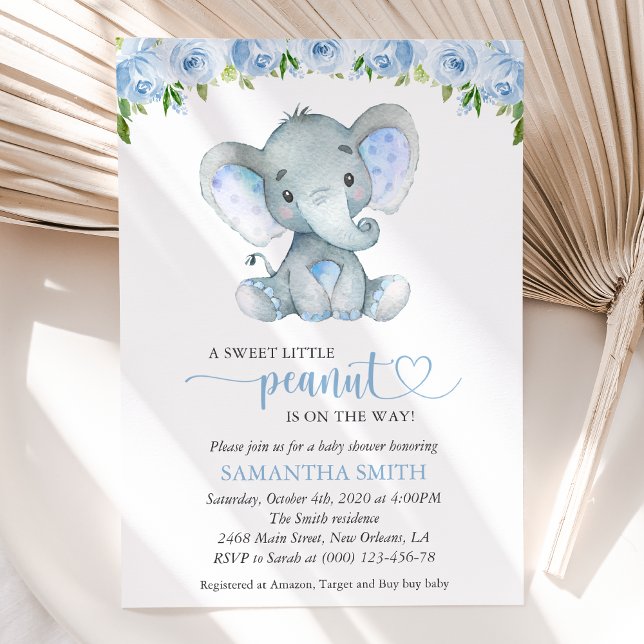 Convite Elefante, Flores de Aquarela Azul, Chá de Bebê (Criador carregado)