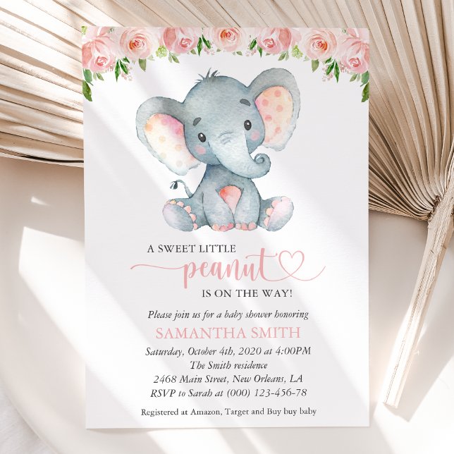 Convite Elefante, Flores de Aquarela Rosa, Chá de Bebê (Criador carregado)