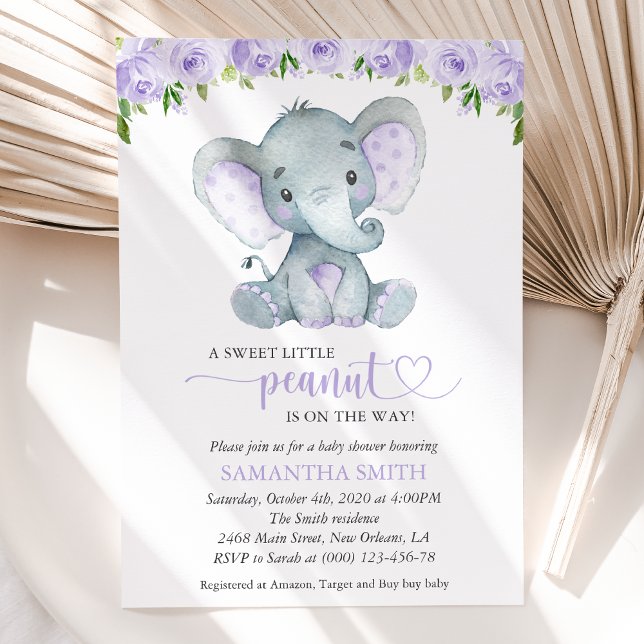 Convite Elefante, Flores de Aquarela Roxa, Chás de Bebê (Criador carregado)