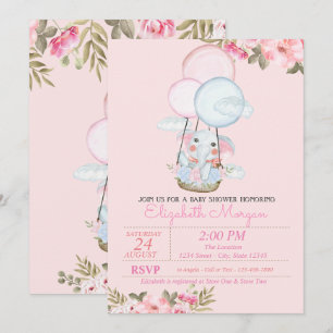 Convite Elefante Fofo, Balão de Ar Floral Chá de Bebê
