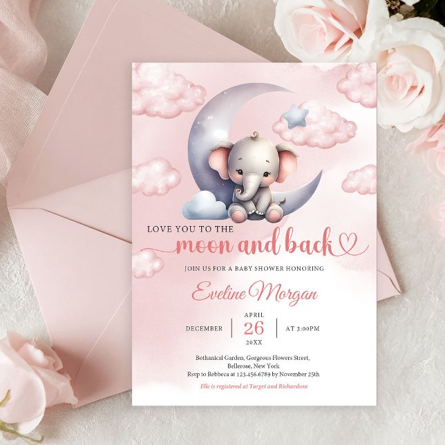 Convite Elefante fofo de lua e menina negra Chá de Bebê (Editable PDF Love to the Moon and Back Elephant Girl Baby Shower Invitation Printable Template)