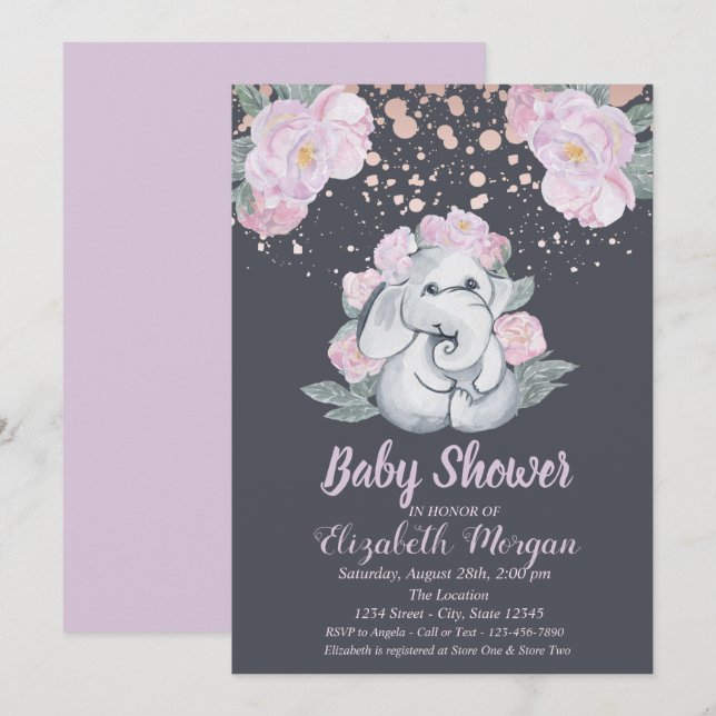Convite Elefante Fofo, Flores Lilás Baby Shower (Frente/Verso)