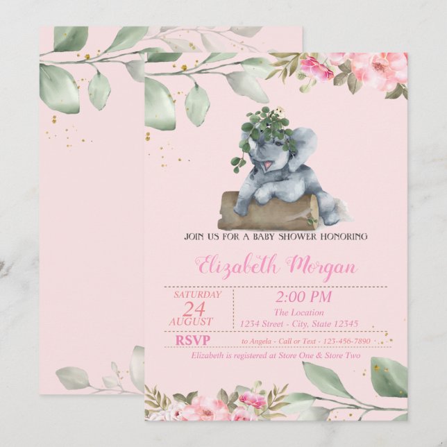 Convite Elefante Fofo, Folhas, Chuveiro de Bebê Floral (Frente/Verso)