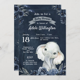 Convite Elefante Garoto Aquarela Marinho Floral Azul Bebê