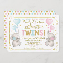 Convite Elefante Gêmeos Chá de fraldas Azul Rosa Dourada G