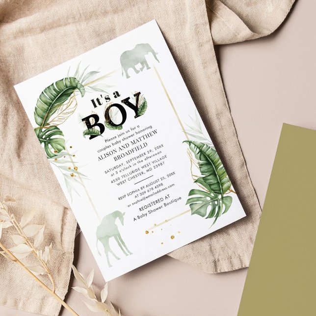 Convite Elefante Girafa Casais Safari Boy Chá de fraldas (Jungle Safari Animals Botanical Boy Baby Shower Invitation)
