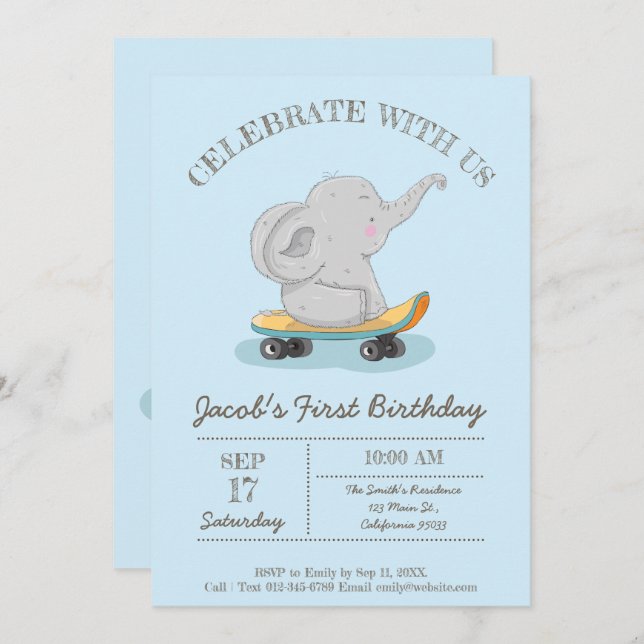 Convite Elefante giro num skate. Aniversário (Frente/Verso)