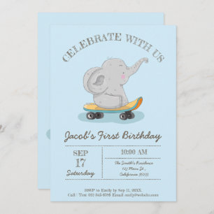 Convite Elefante giro num skate.Aniversário