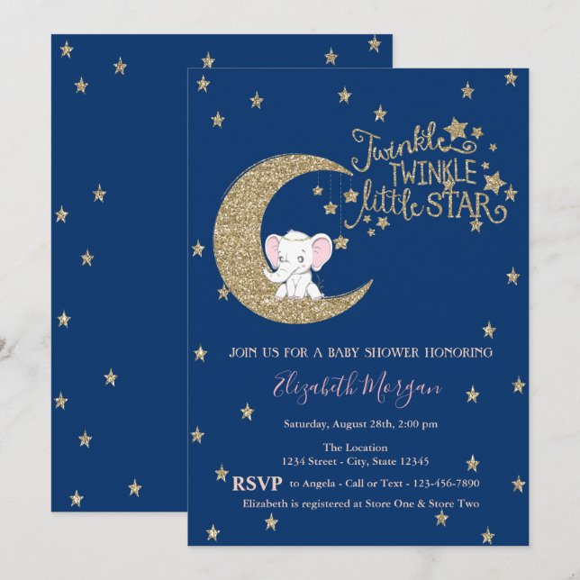 Convite Elefante, Lua, Estrela Chuva de Estrelas no Chá de (Frente/Verso)
