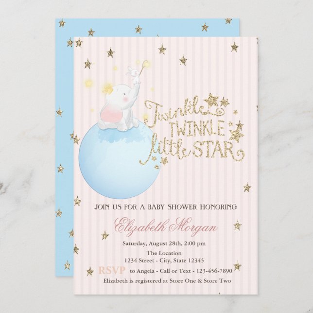 Convite Elefante,Lua,Estrelas Glitter Chá de fraldas Strik (Frente/Verso)