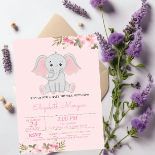 Convite Elefante Menina, Chá de Bebê Floral
