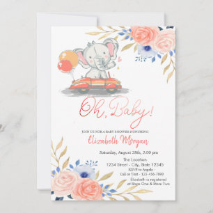 Convite Elefante no carro, balões Floral Baby Shower