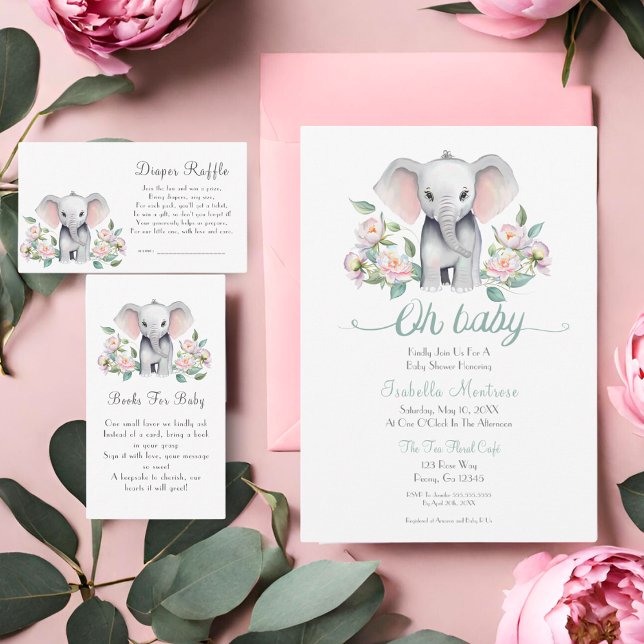 Convite Elefante Para Bebê Com Peonias, Chá de fraldas Euc (This charming invitation will delight your guests with a baby elephant surrounded by peonies.)