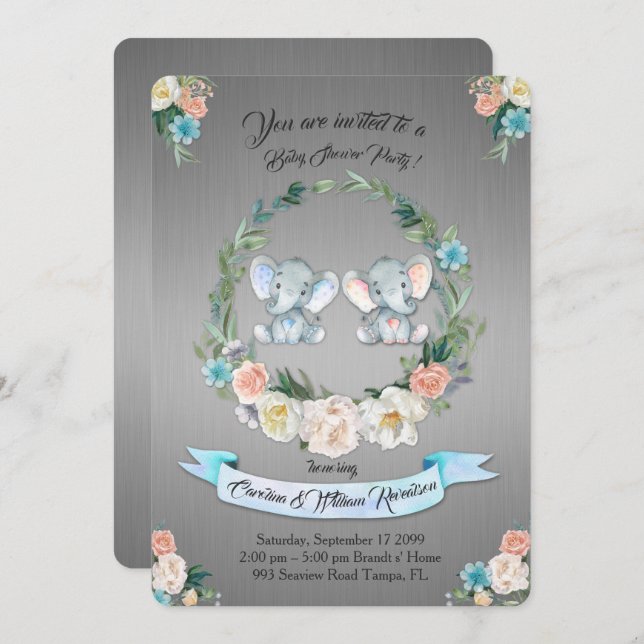 Convite Elefante para Chá de fraldas para garotos, metal p (Frente/Verso)