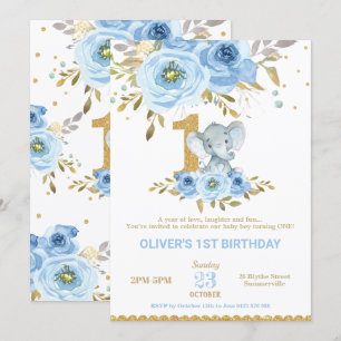 Convite Elefante primeiro aniversario Blue Floral Boy