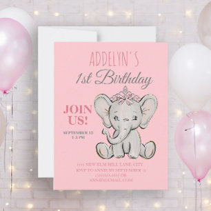 Convite Elefante Princesa Fofa Aniversário de 1 ano da Men
