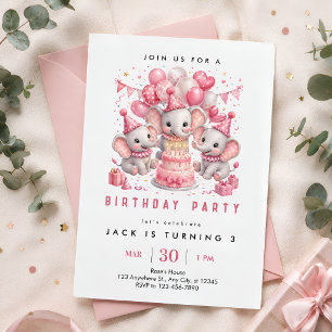 Convite Elefante Rosa Aniversário de 3 anos