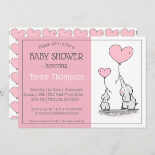 Convite Elefante Rosa Chá de balão de coração de bebê Conv