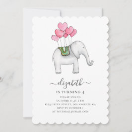 Convite Elefante rosa com aquarela. Festa de aniversário
