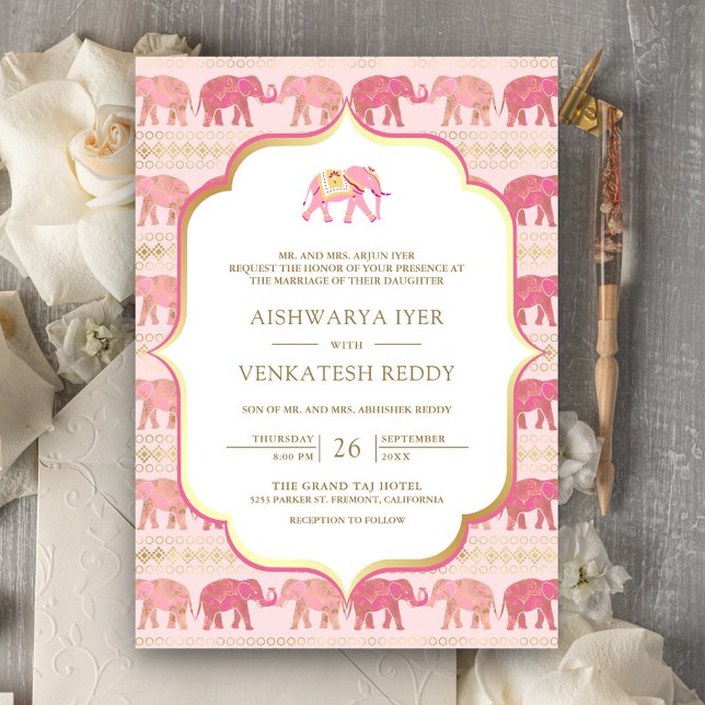 Convite Elefante rosa e Dourado, tudo em um casamento indi (Criador carregado)