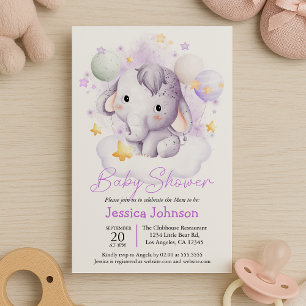 Convite Elefante Rosa Fofo Estrelas Aquarela