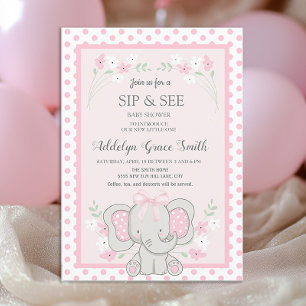 Convite Elefante Rosa Fofo Pontos Bolinhas Flores Chá do B