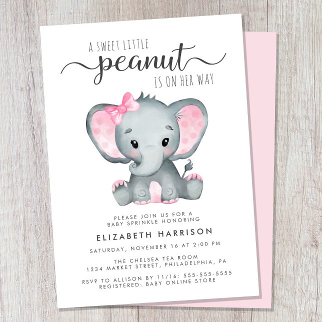Convite Elefante Rosa Watercolor Baby Girl Sprinkle (Cute baby girl sprinkle invitation)