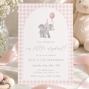Convite Elefante Rosa Xadrez 1º Aniversário Aquarela